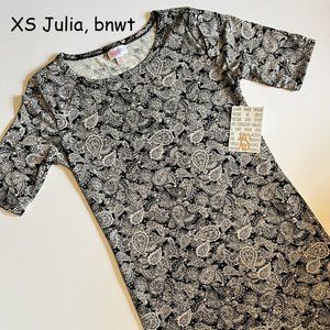 XS Lularoe Julia sheath dress, black with white lace paisleys